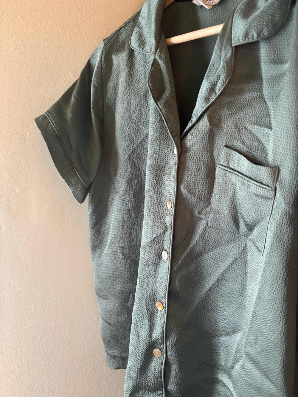 Textured Satin Short-Sleeve Button-Up Shirt in Sage Green